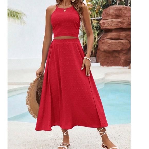 Boho Swiss Dot halter Crop Top High Waisted Maxi Skirt - Picture 7 of 9